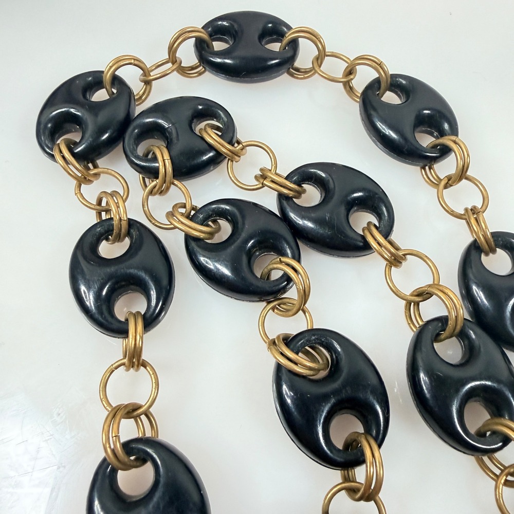 Vintage Mariner Link Necklace Black Acrylic Brass Tone 1970s Style 26 Inch